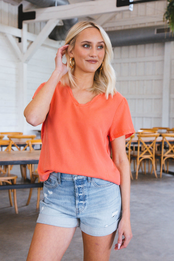 Lanelle Tencel V-Neck Shirt, Deep Sea Coral | Velvet Heart