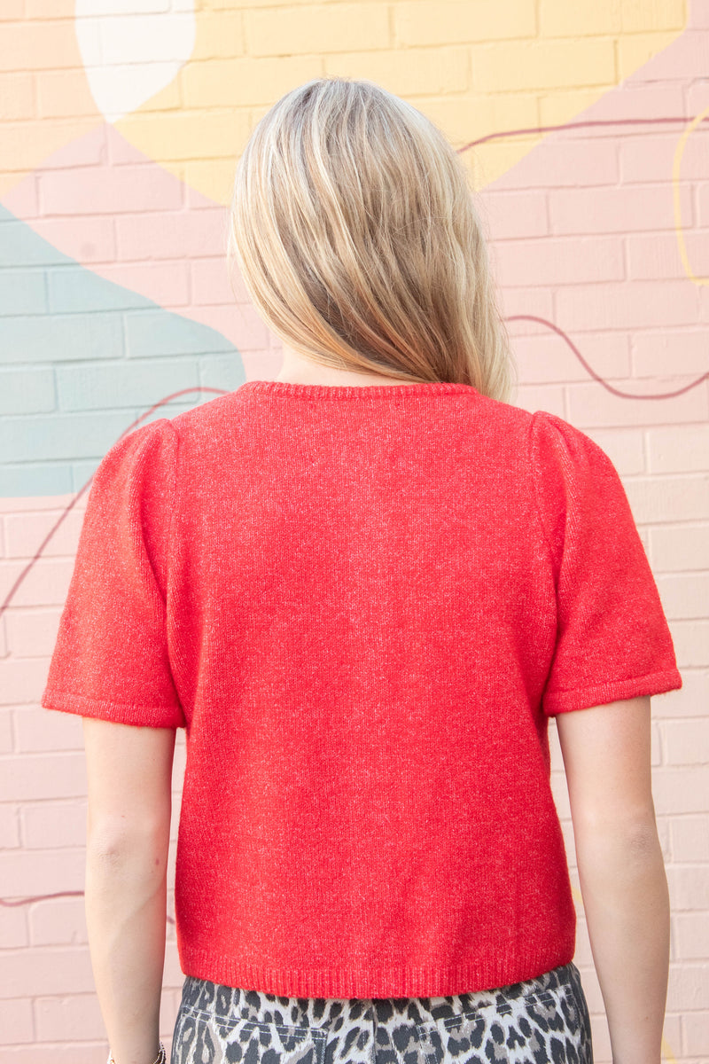 Natalia Puff Short Sleeve Cardigan, Red
