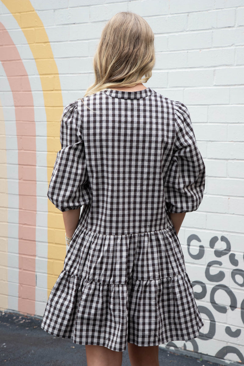 Aspen Three Quarter Sleeve Plaid Dress, Brown