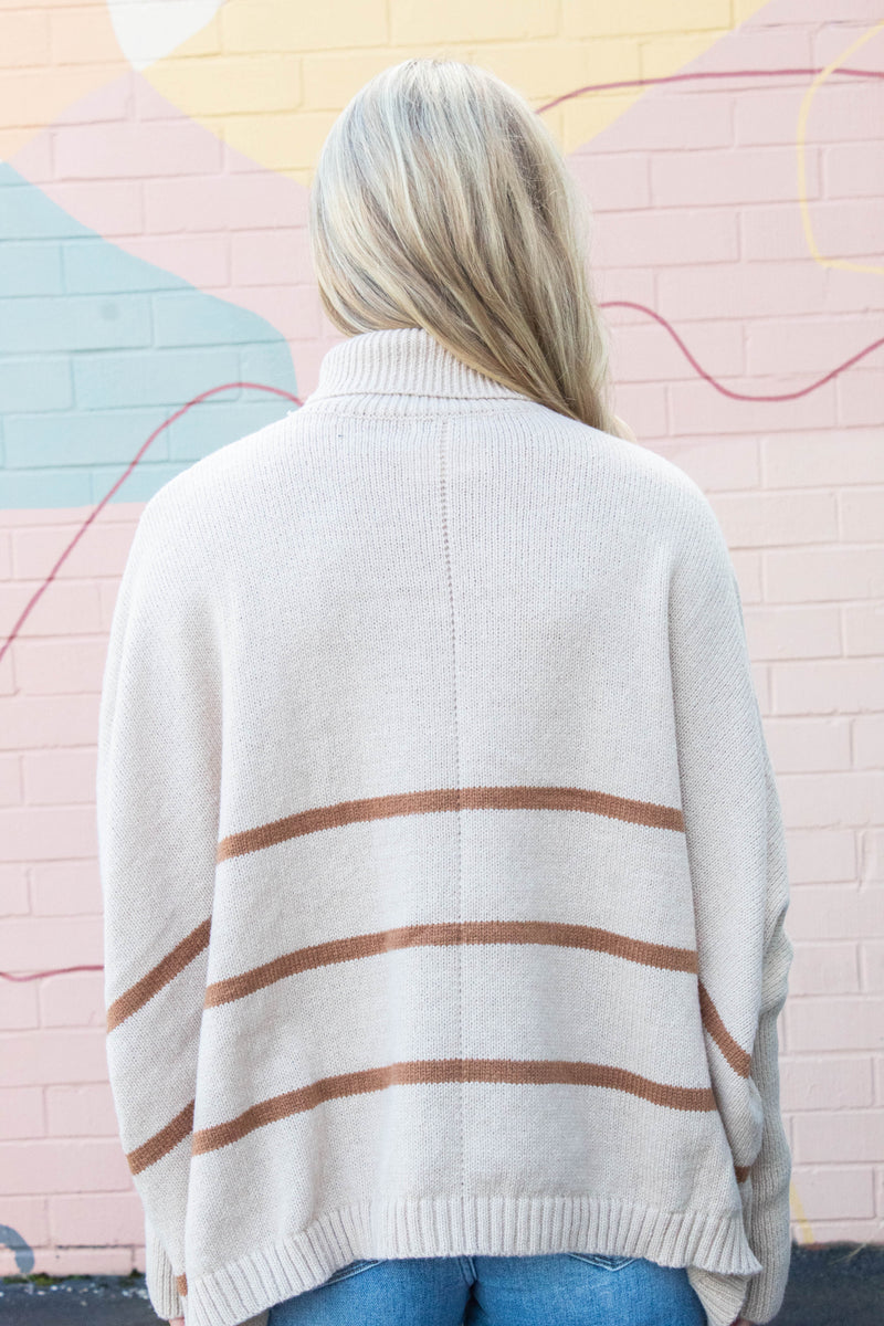 Myra Striped Turtleneck Sweater, Light Taupe