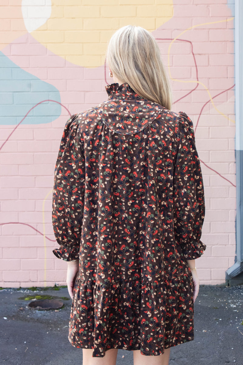 Arianna Corduroy Printed Dress, Chocolate Mix