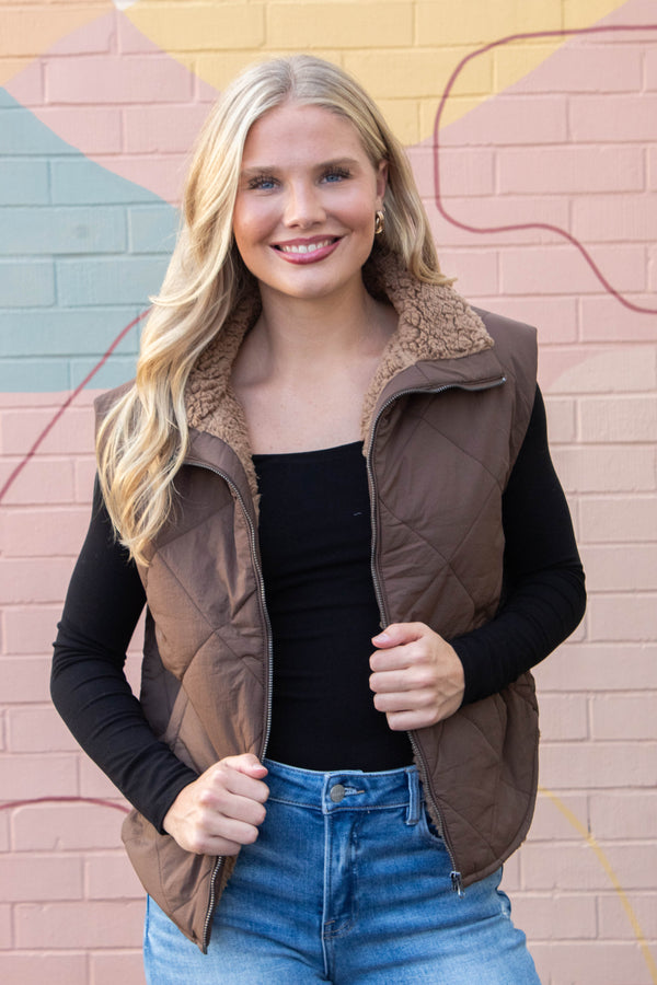 Raelynn Quilted Fleece Lined Vest, Dark Brown