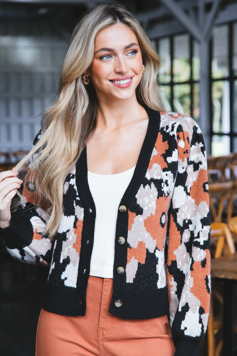 Casey Printed Button Up Cardigan, Black-Brown
