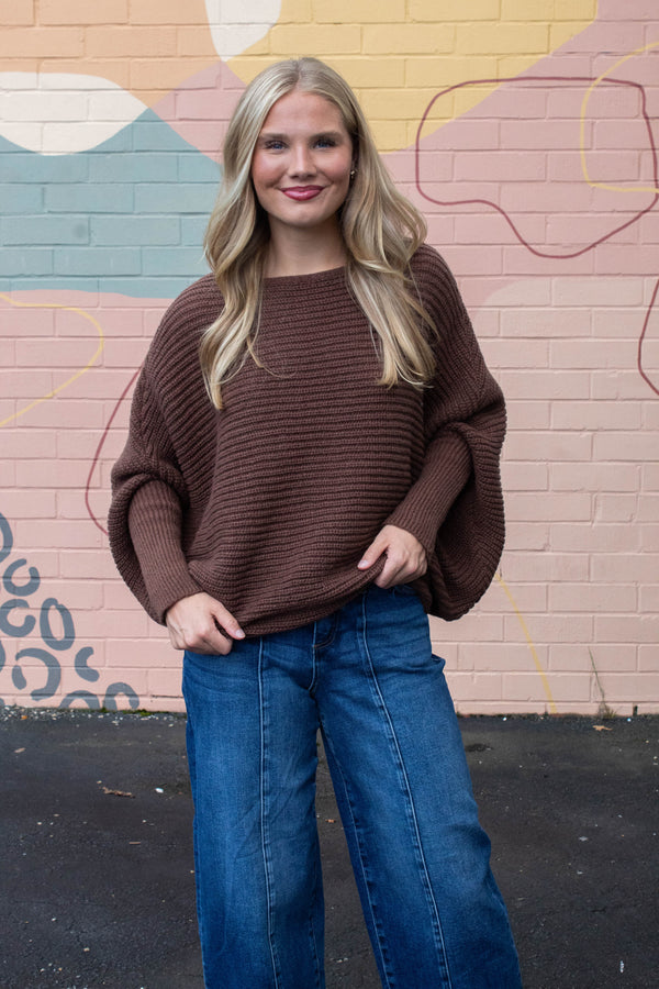 Lily Batwing Boat Neck Sweater, Brown