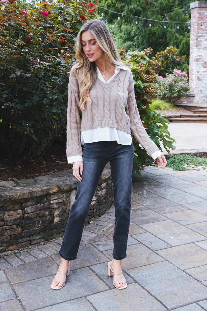 Varsity Girl Cableknit Sweater, Taupe