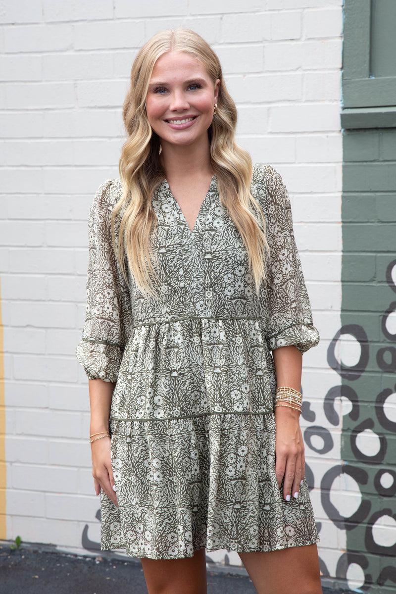 Leila Three Quarter Sleeve Printed Dress, Olive-Cream