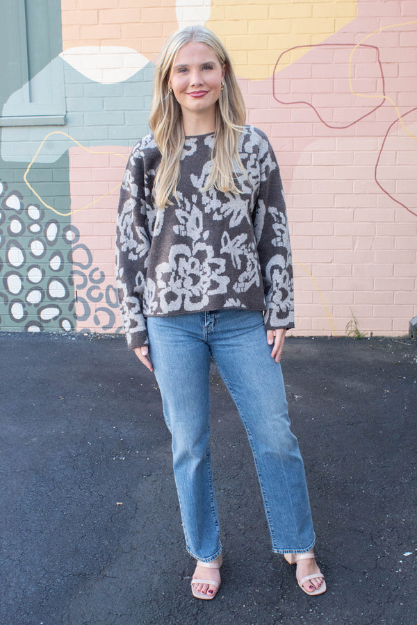 Hailey Floral Jacquard Sweater, Chocolate