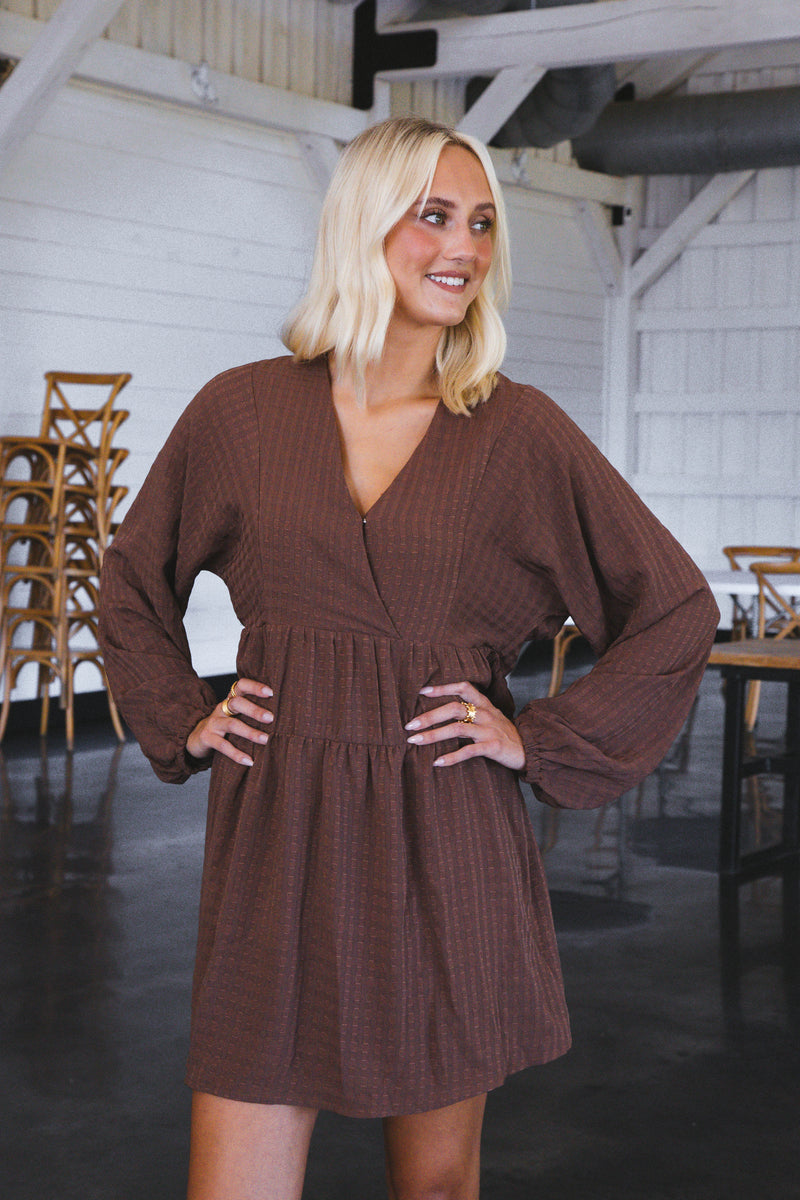 Leah Long Sleeve Tiered Tie Back Dress, Chocolate