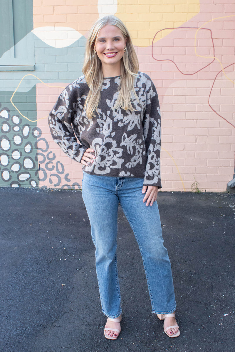 Hailey Floral Jacquard Sweater, Chocolate