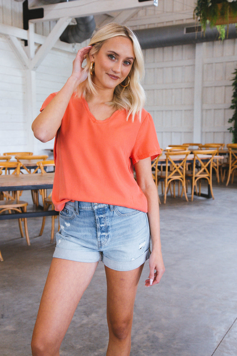 Lanelle Tencel V-Neck Shirt, Deep Sea Coral | Velvet Heart