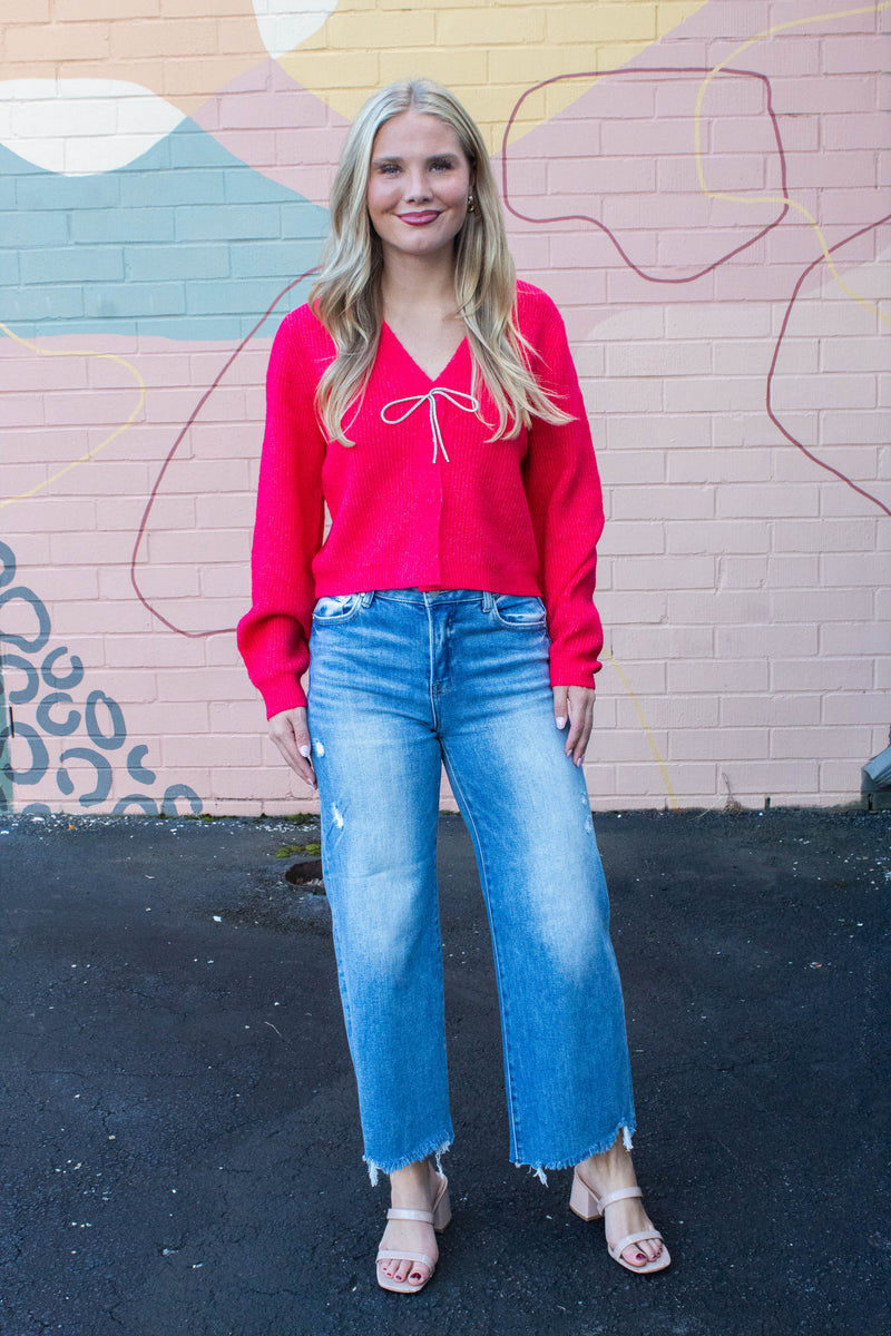 Marie Sparkly Bow Cardigan, Red
