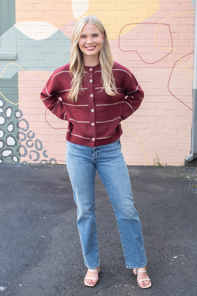 Jade Thin Stripe Button Down Cardigan, Red Wood