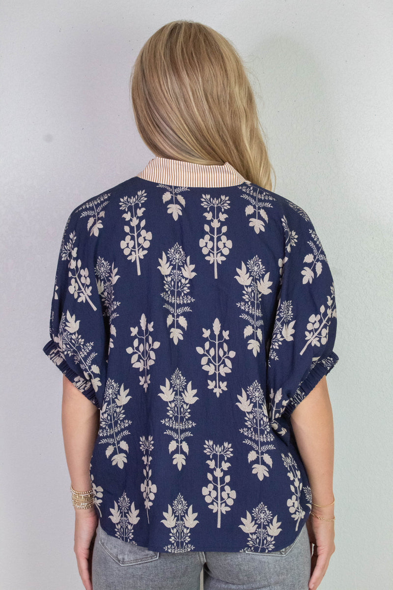 Esther Botanical Print Top, Navy