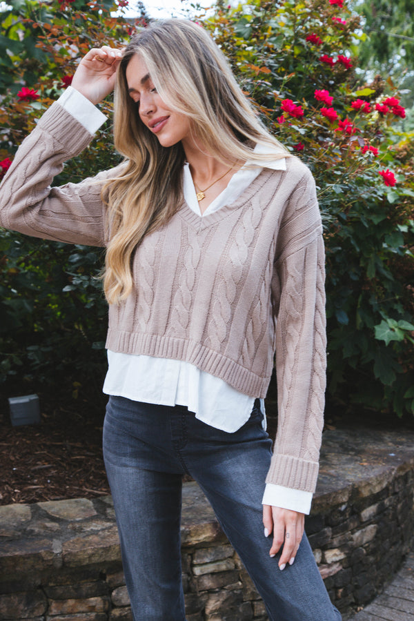 Varsity Girl Cableknit Sweater, Taupe
