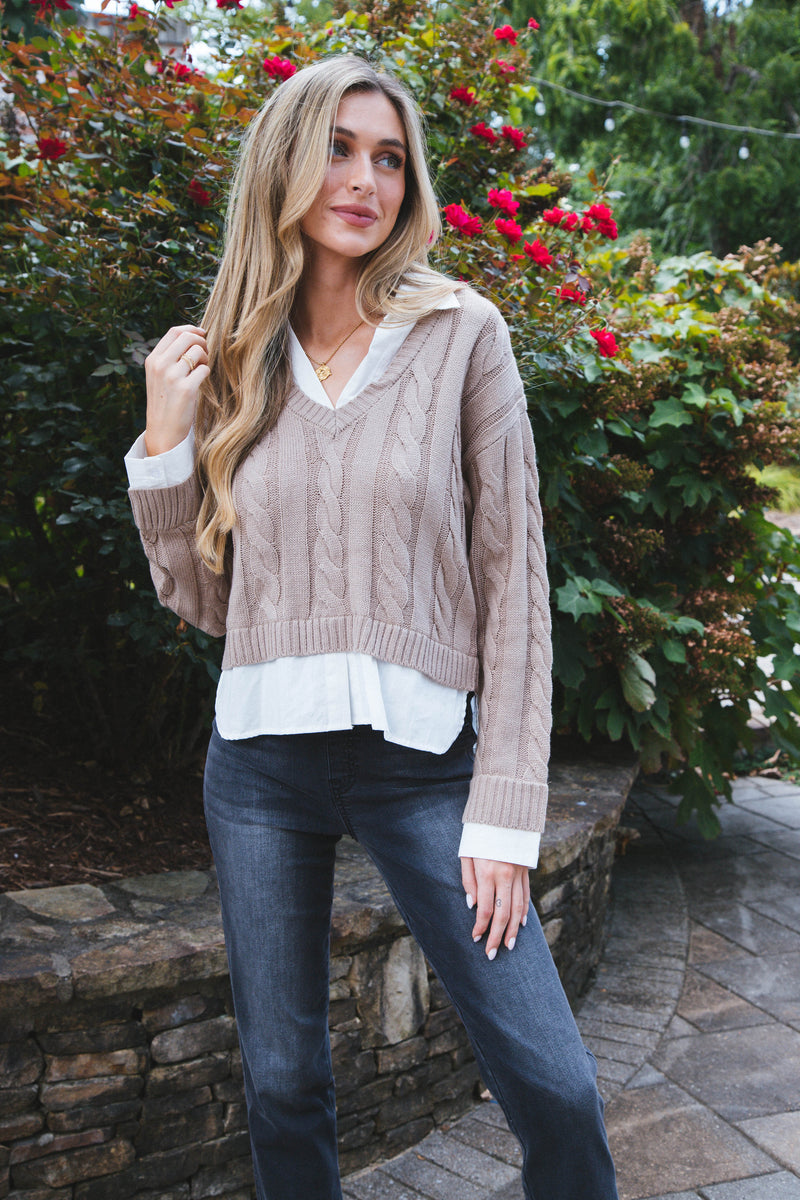Varsity Girl Cableknit Sweater, Taupe