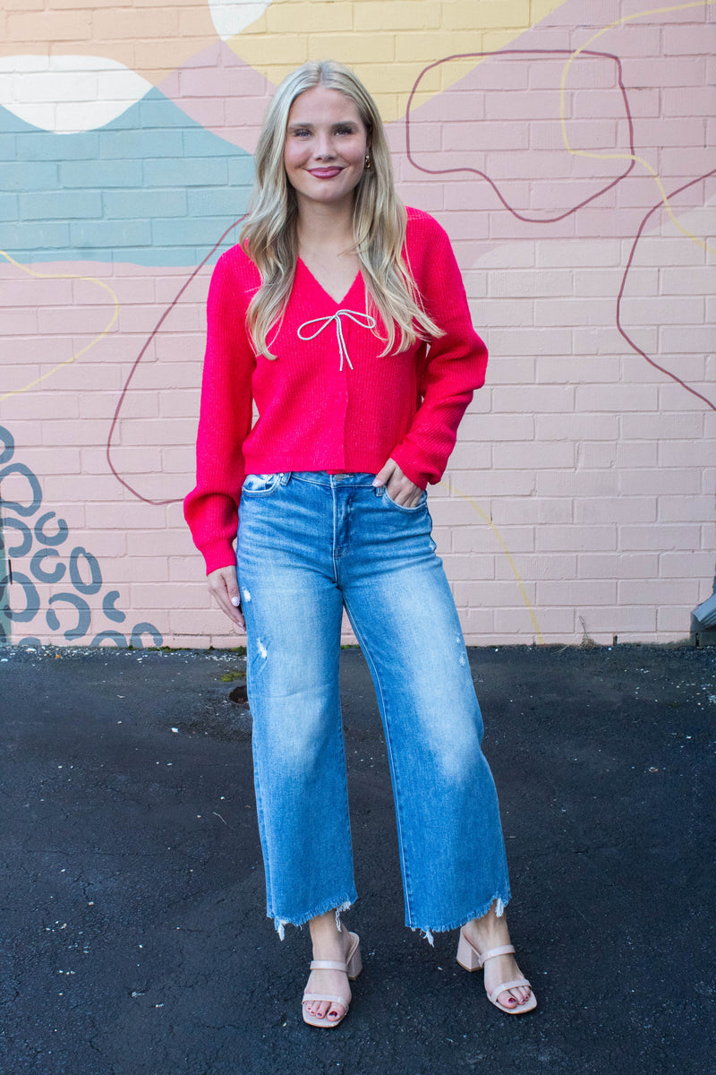 Marie Sparkly Bow Cardigan, Red