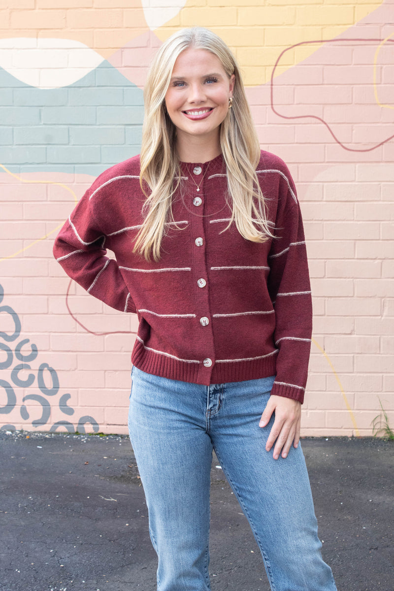 Jade Thin Stripe Button Down Cardigan, Red Wood