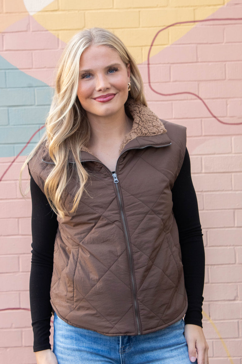 Raelynn Quilted Fleece Lined Vest, Dark Brown
