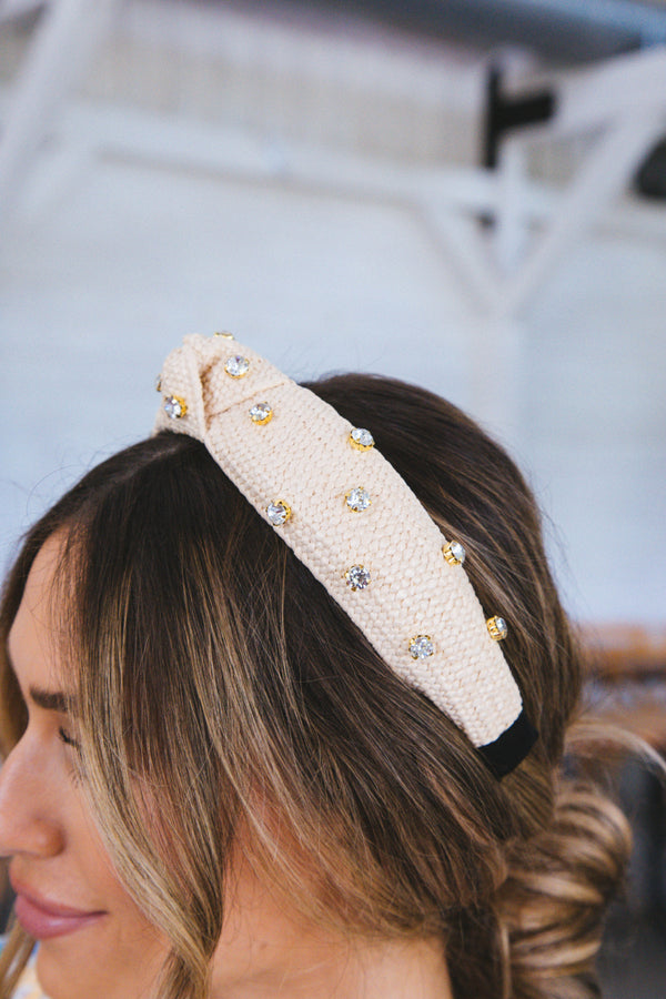 Raffia Rhinestone Topknot Headband, Khaki