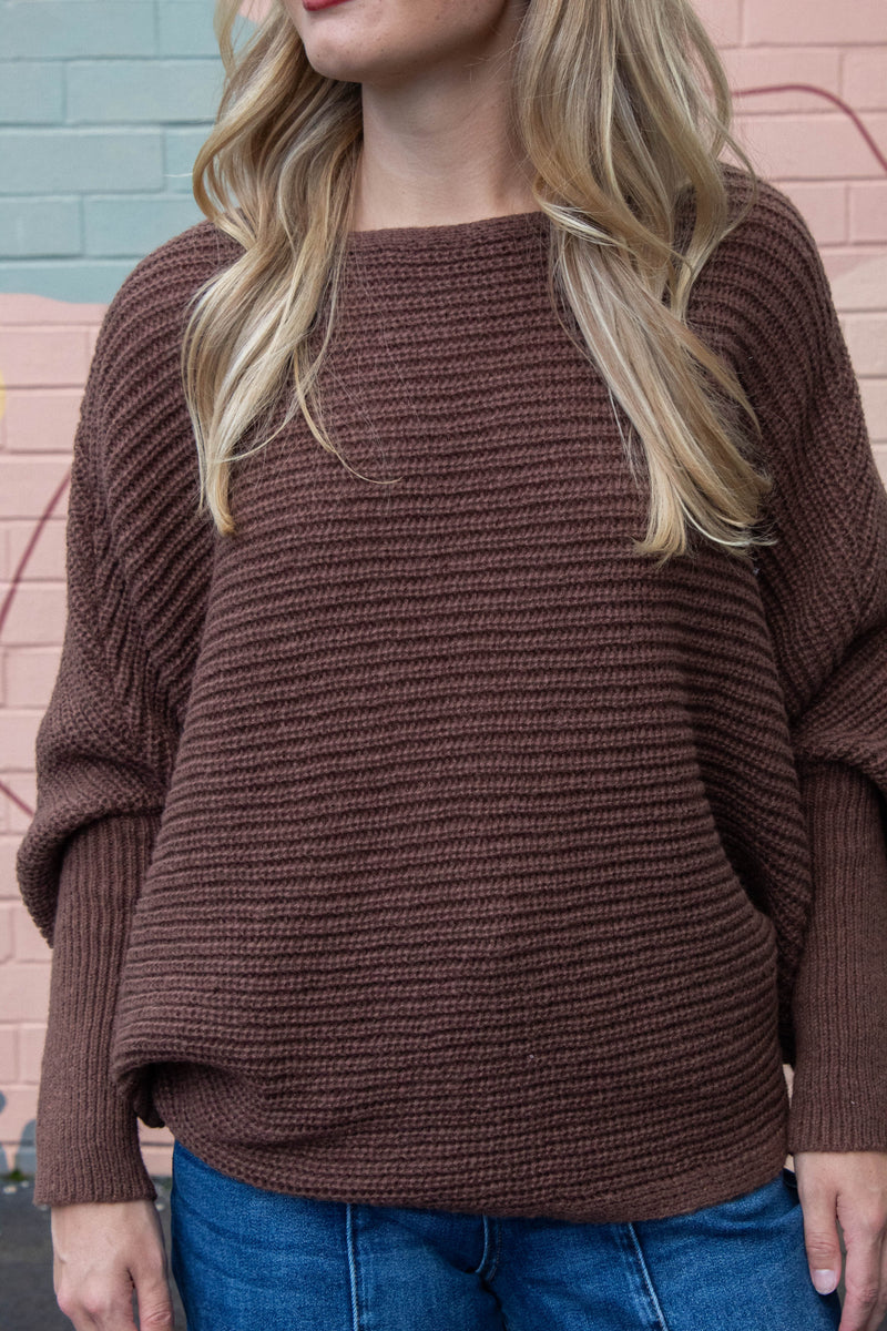 Lily Batwing Boat Neck Sweater, Brown