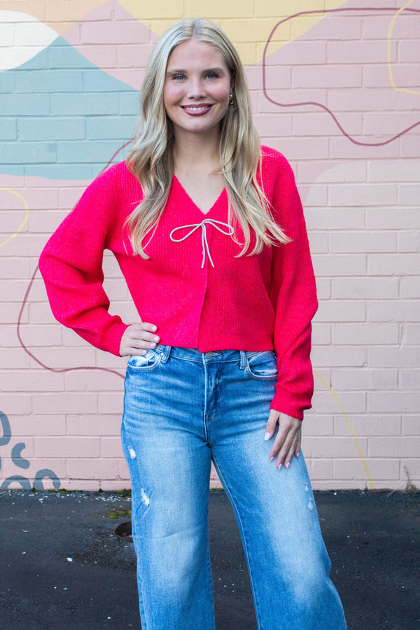 Marie Sparkly Bow Cardigan, Red