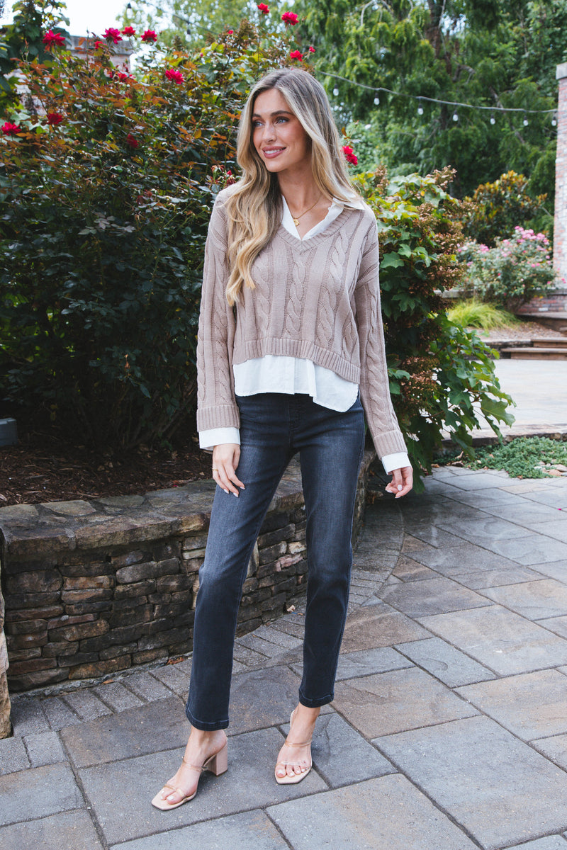 Varsity Girl Cableknit Sweater, Taupe