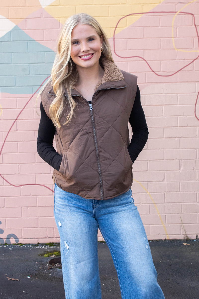 Raelynn Quilted Fleece Lined Vest, Dark Brown