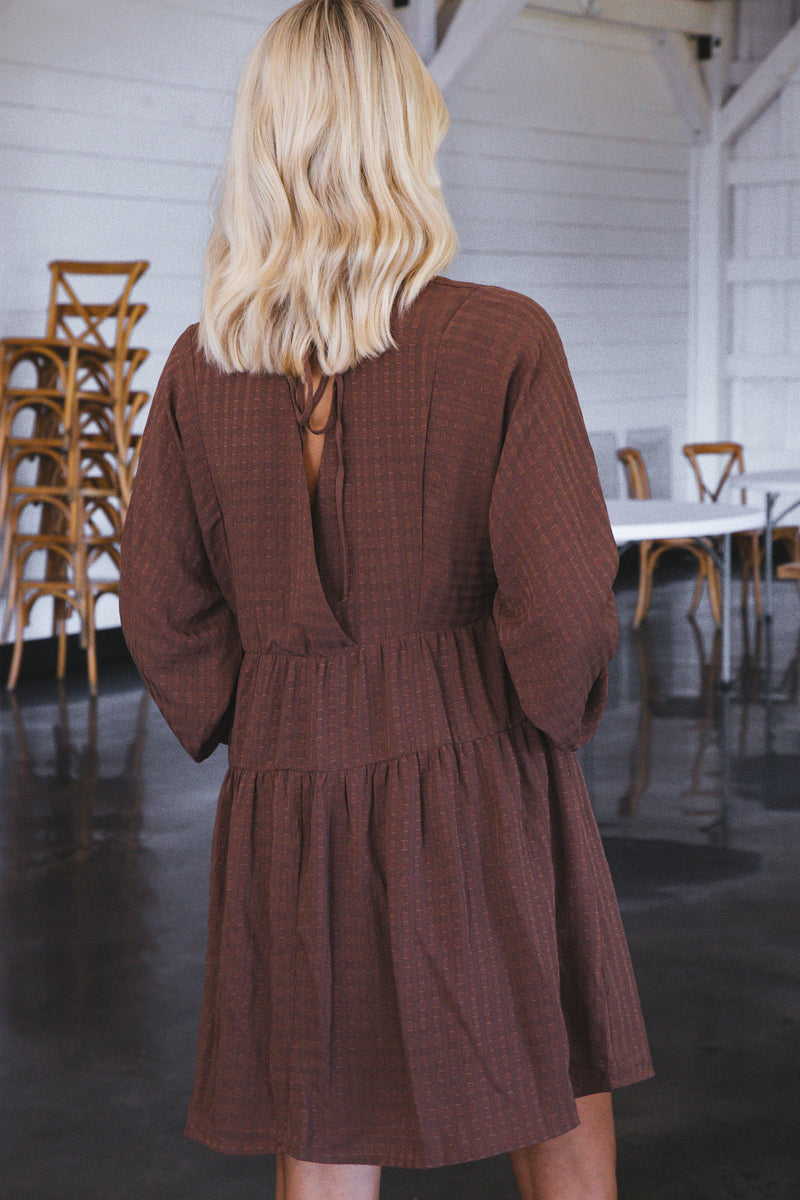 Leah Long Sleeve Tiered Tie Back Dress, Chocolate