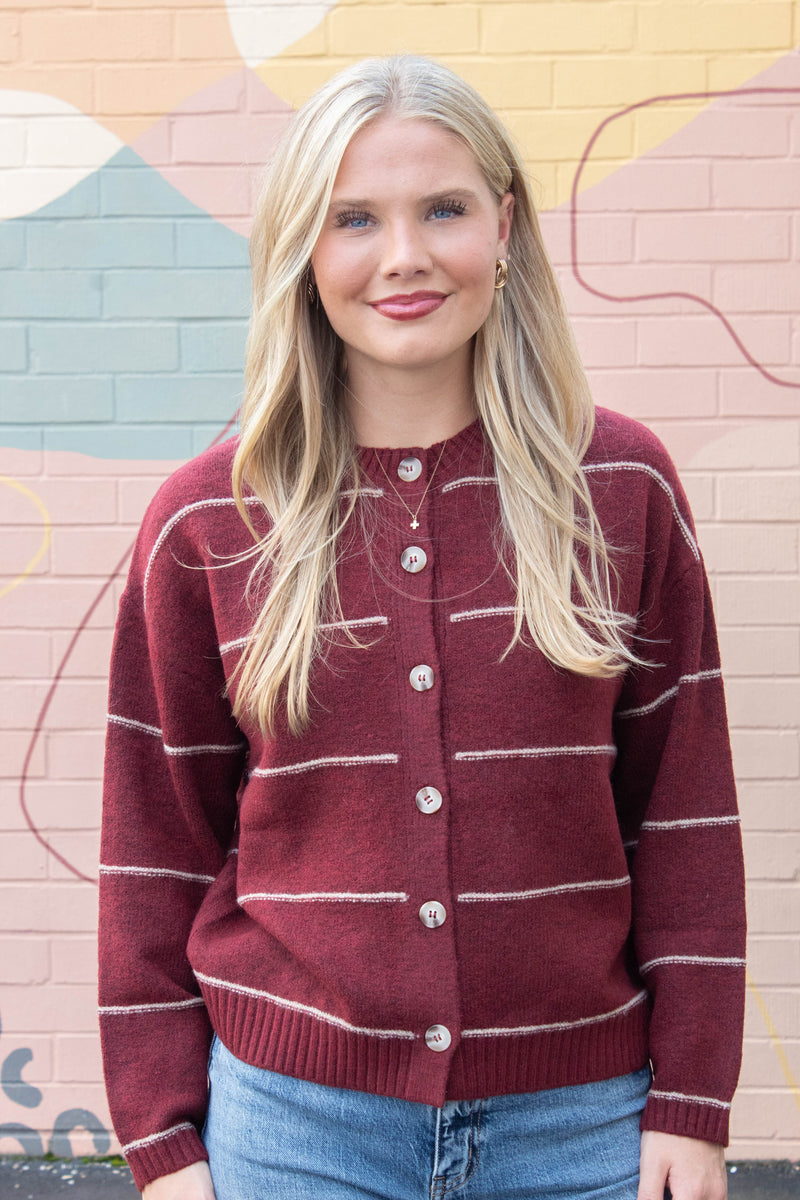 Jade Thin Stripe Button Down Cardigan, Red Wood
