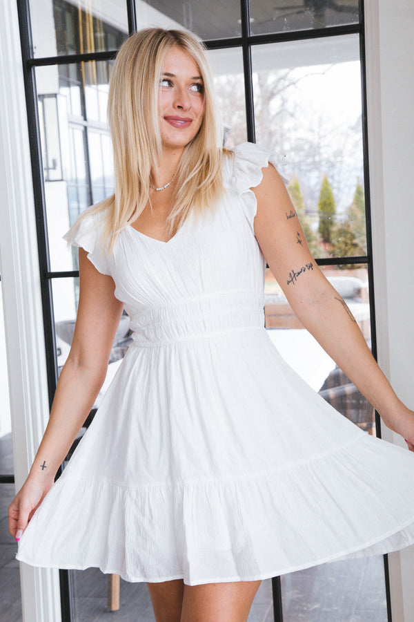 Winona Shirred Waist Mini Dress, White