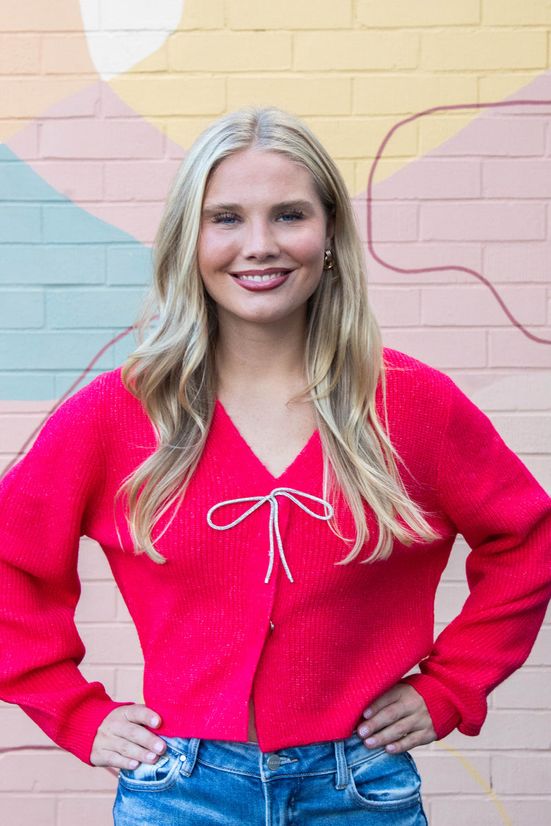 Marie Sparkly Bow Cardigan, Red