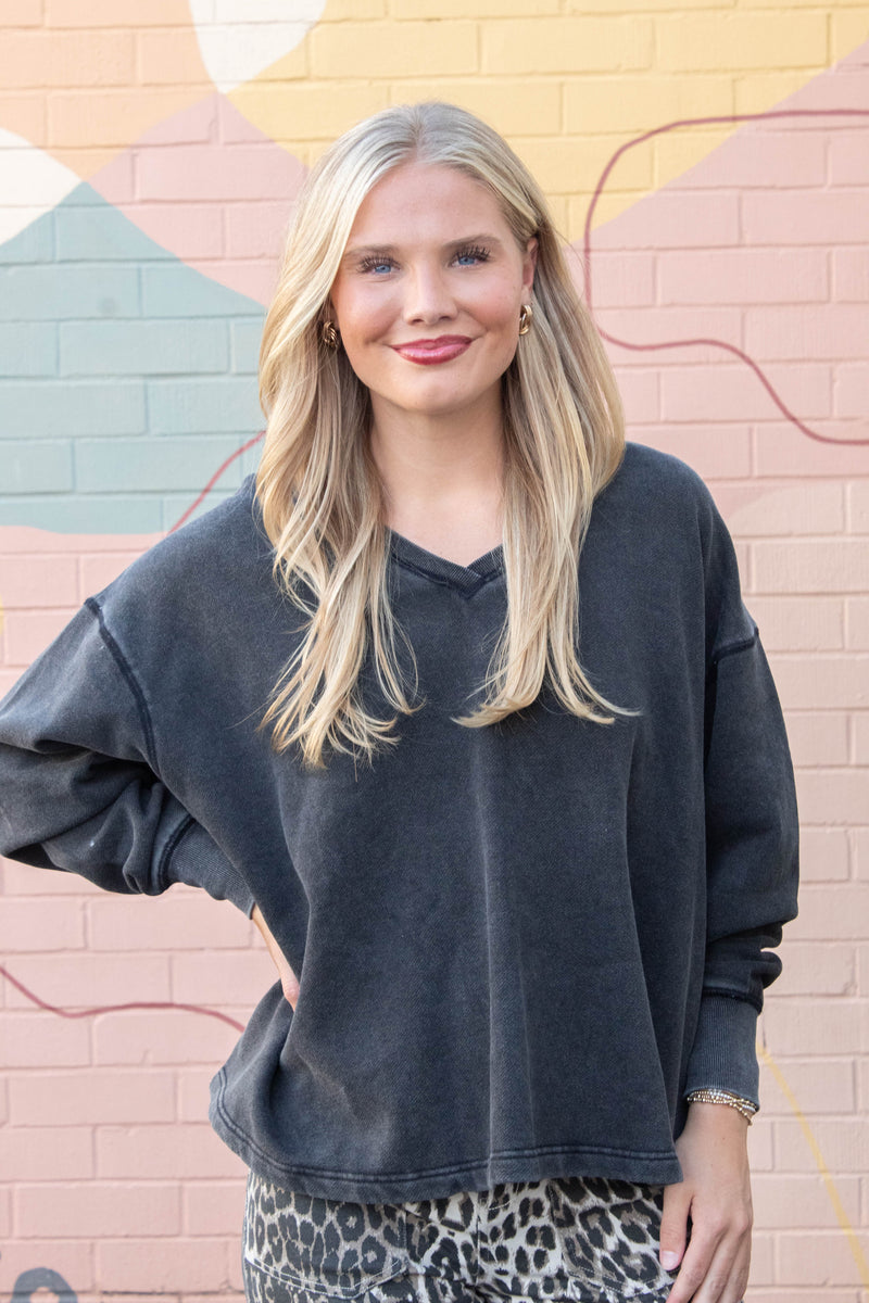 Melody Oversized V-Neck Sweatshirt, Black