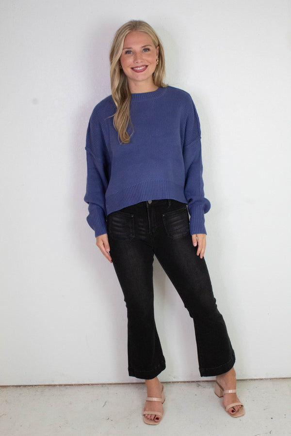 Camila Round Neck Cropped Sweater, Dusty Indigo