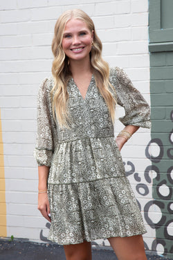 Leila Three Quarter Sleeve Printed Dress, Olive-Cream