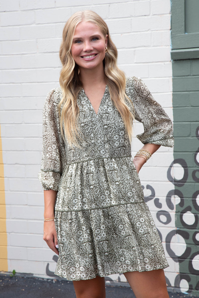 Leila Three Quarter Sleeve Printed Dress, Olive-Cream