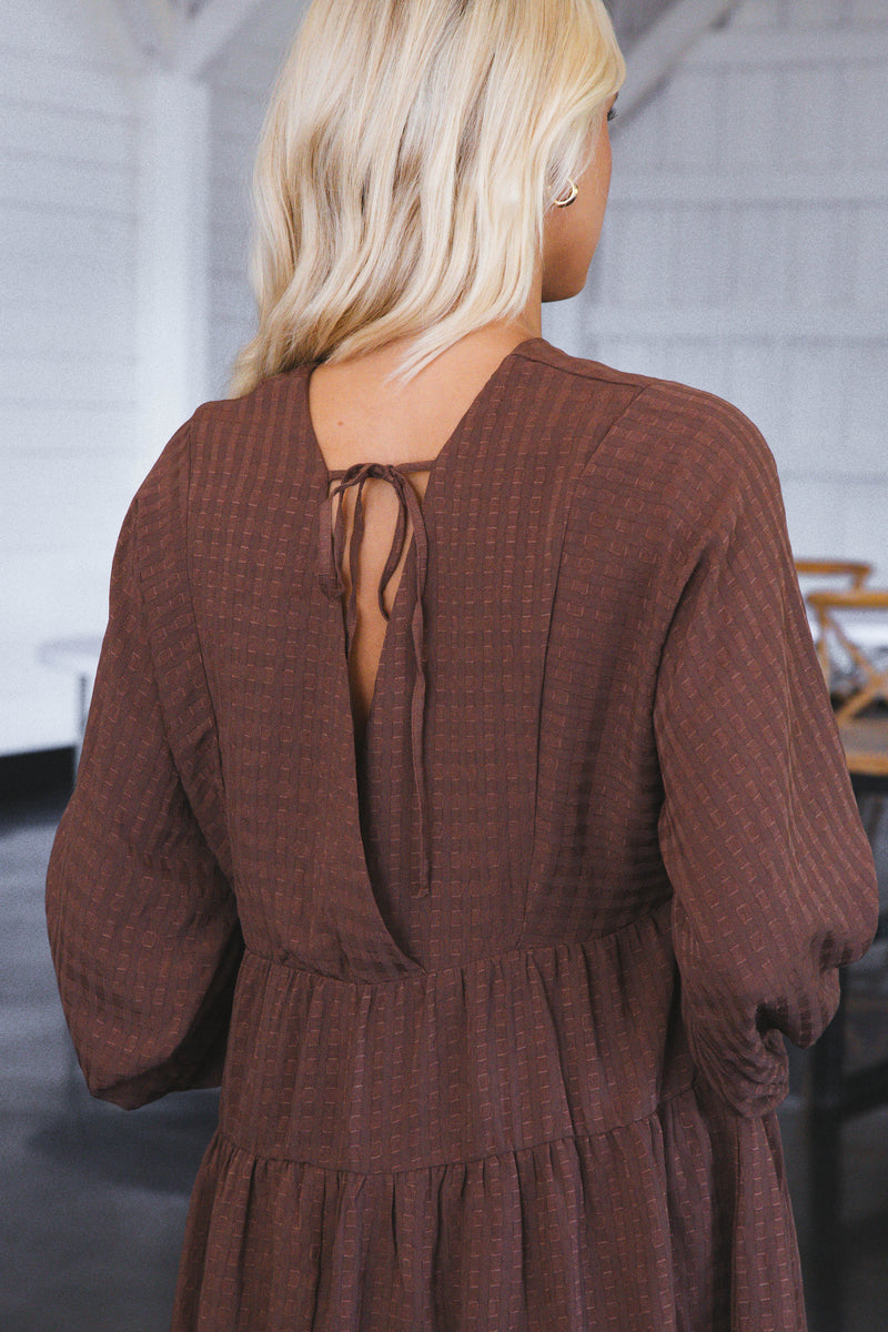 Leah Long Sleeve Tiered Tie Back Dress, Chocolate