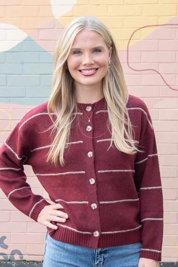 Jade Thin Stripe Button Down Cardigan, Red Wood