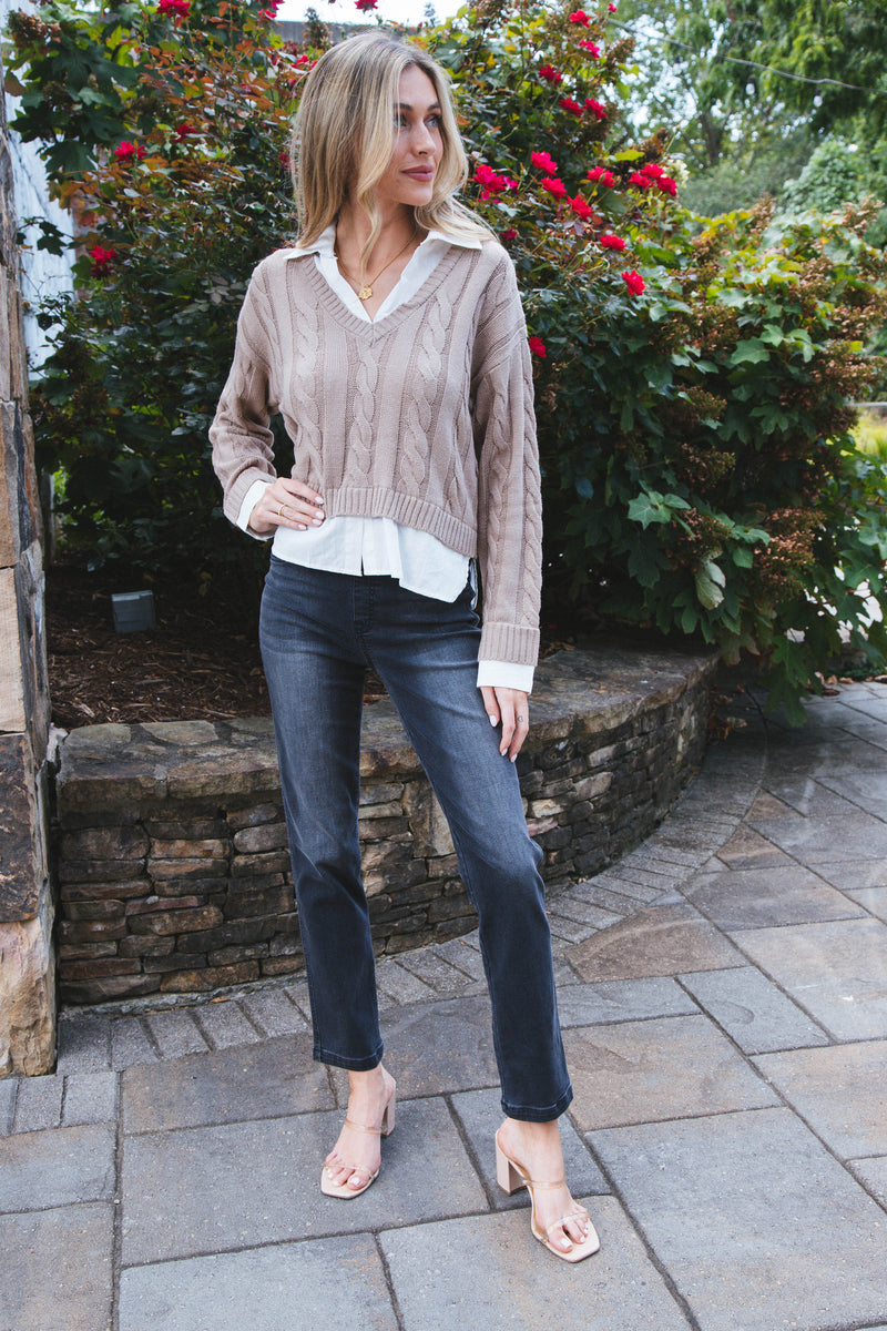 Varsity Girl Cableknit Sweater, Taupe