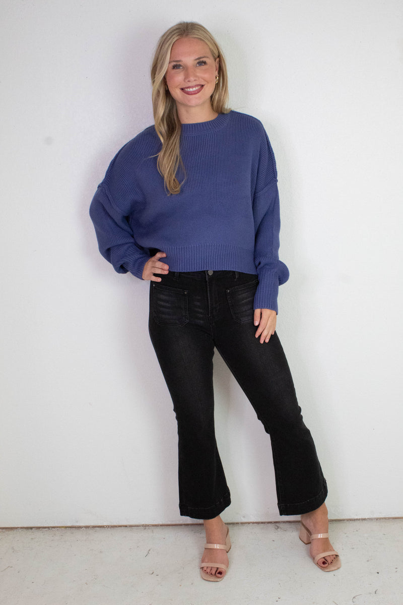 Camila Round Neck Cropped Sweater, Dusty Indigo