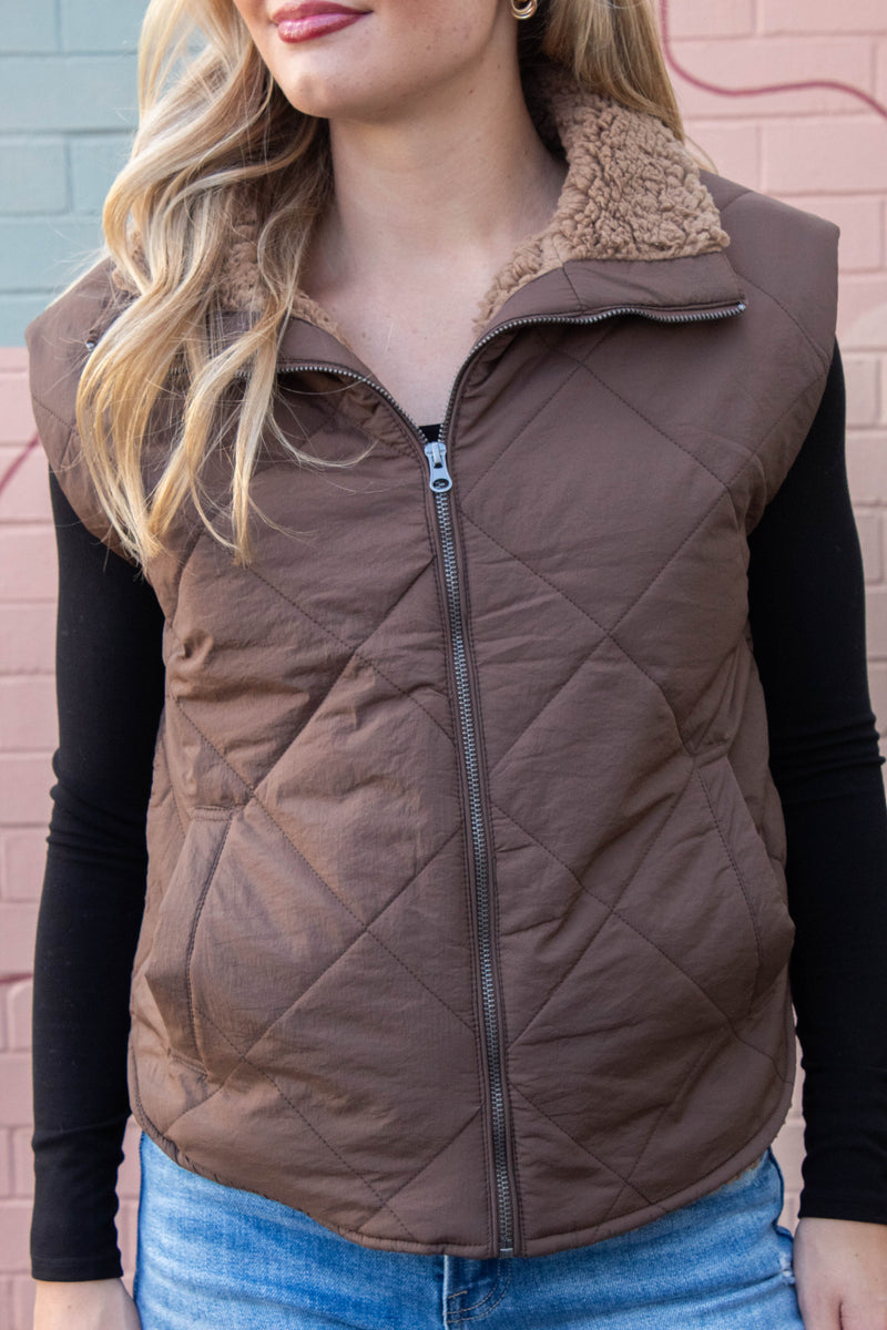 Raelynn Quilted Fleece Lined Vest, Dark Brown