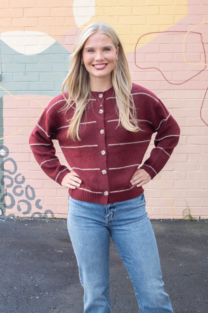 Jade Thin Stripe Button Down Cardigan, Red Wood
