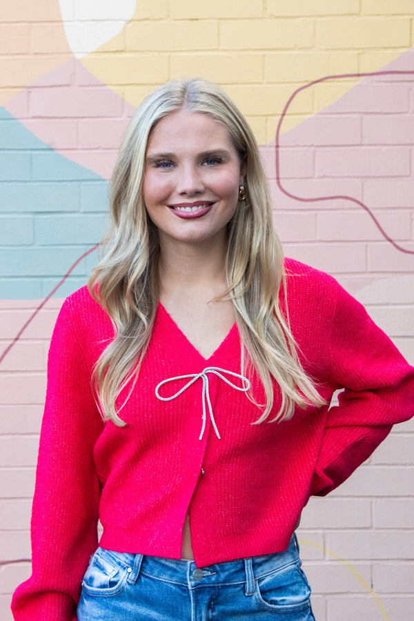 Marie Sparkly Bow Cardigan, Red