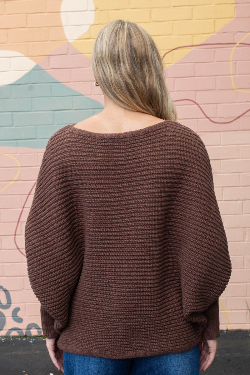 Lily Batwing Boat Neck Sweater, Brown