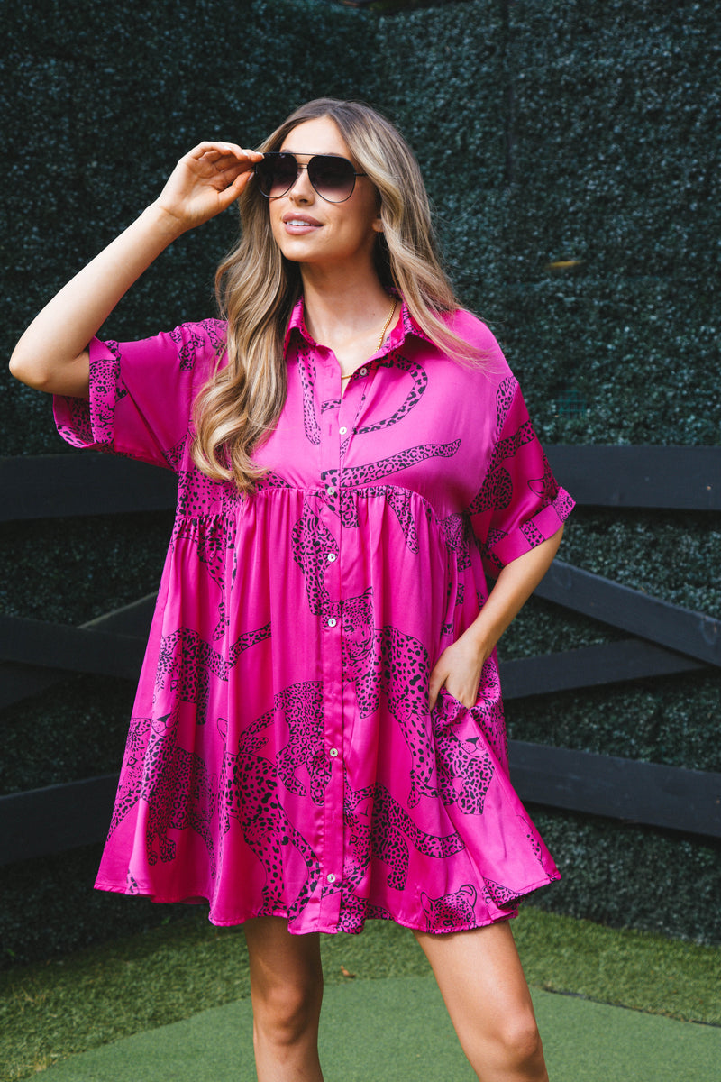 Jada Leopard Satin Dress, Hot Pink | Extended Sizes