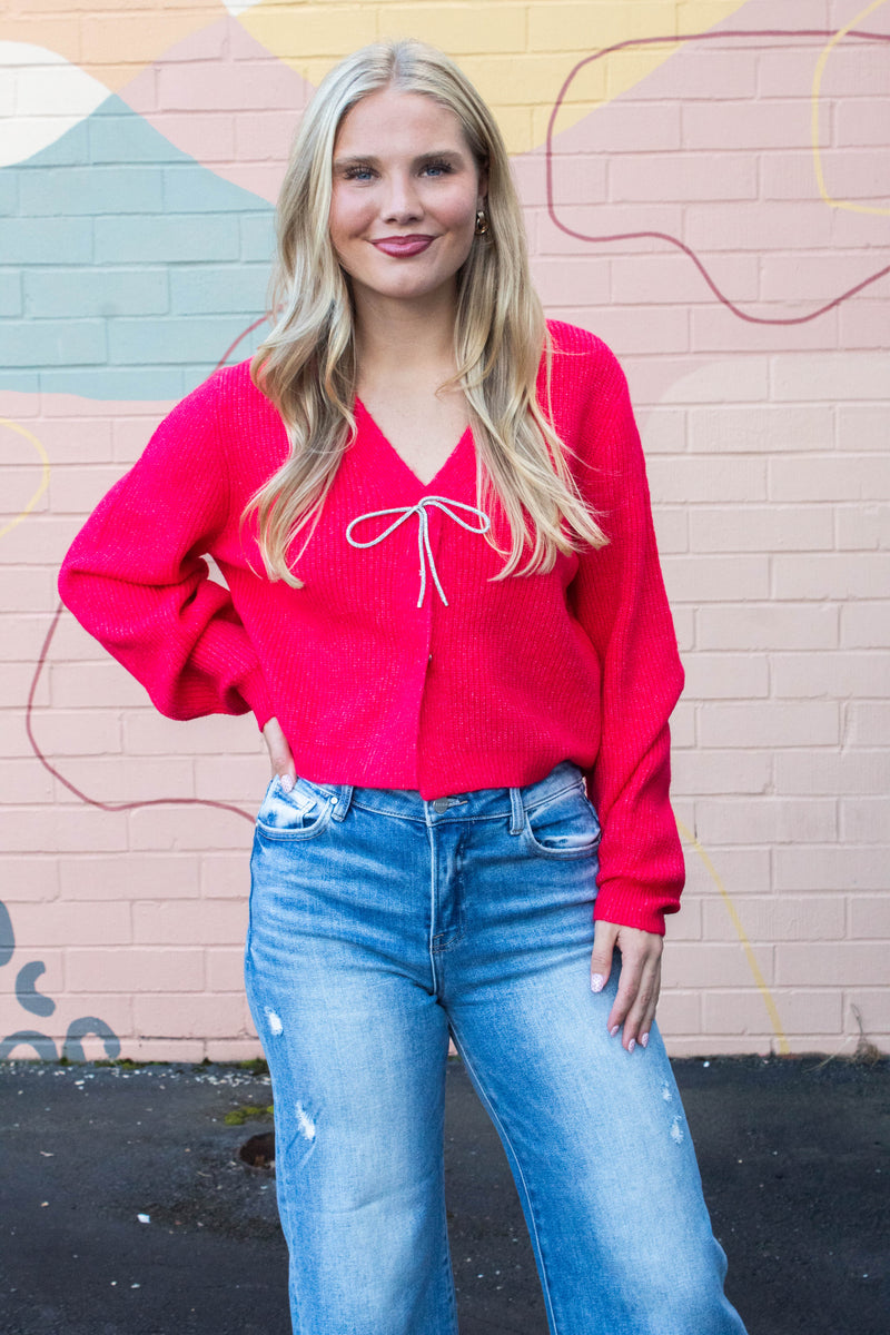 Marie Sparkly Bow Cardigan, Red
