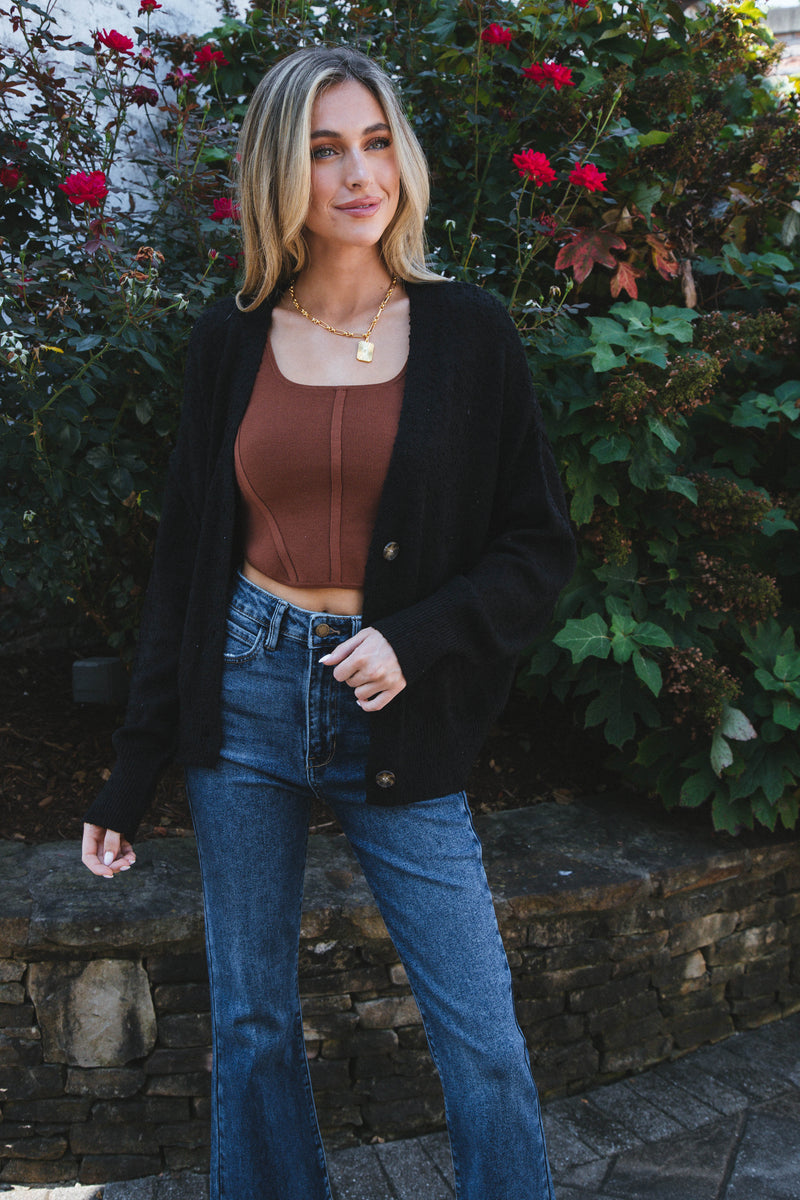Clara Button Front Cardigan, Black