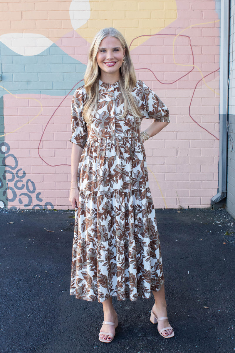 Annie Printed Button Neck Midi Dress, Brown Mix