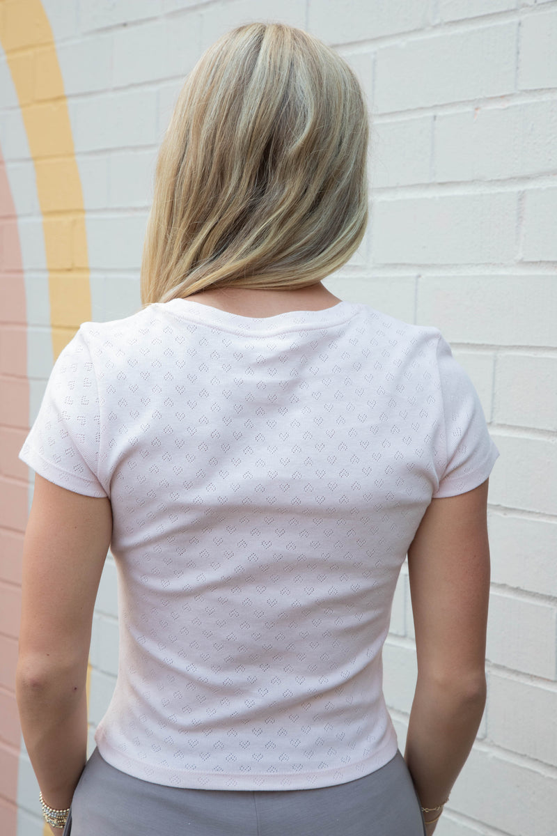 Brooklyn NY Heart Pointelle Baby Tee, Peach Blush