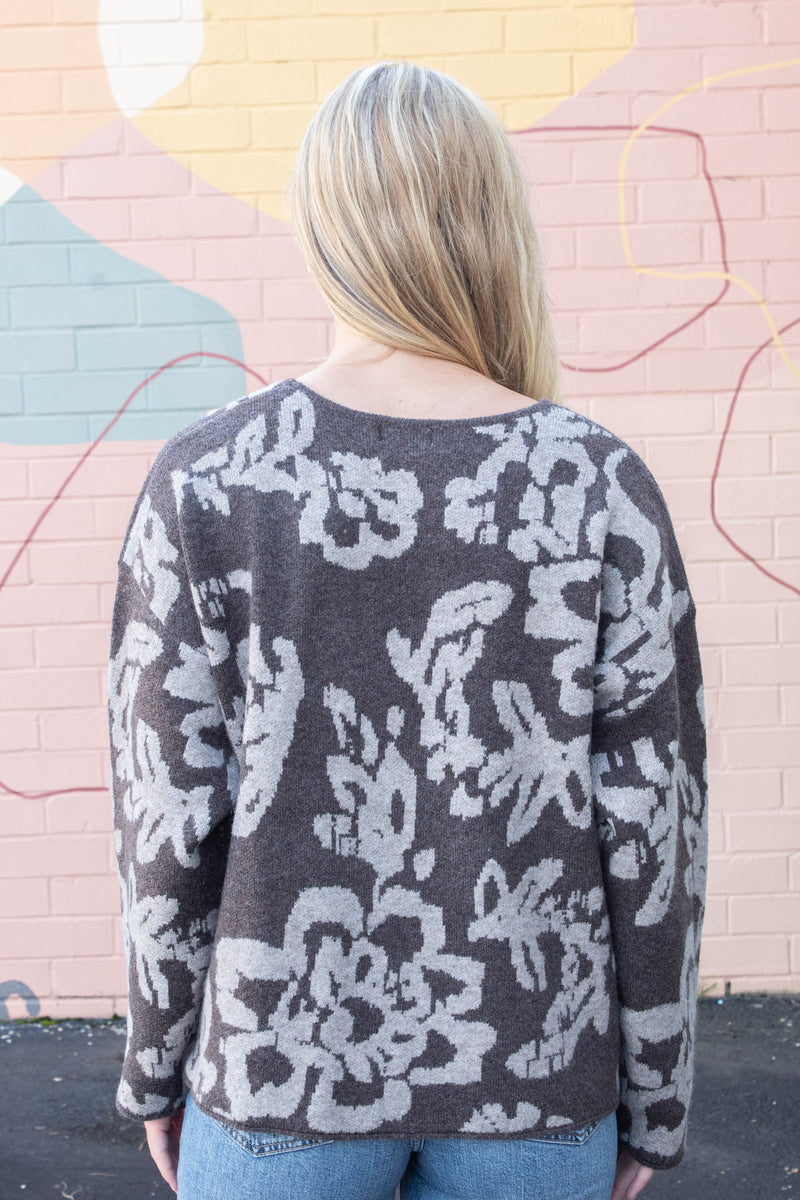 Hailey Floral Jacquard Sweater, Chocolate