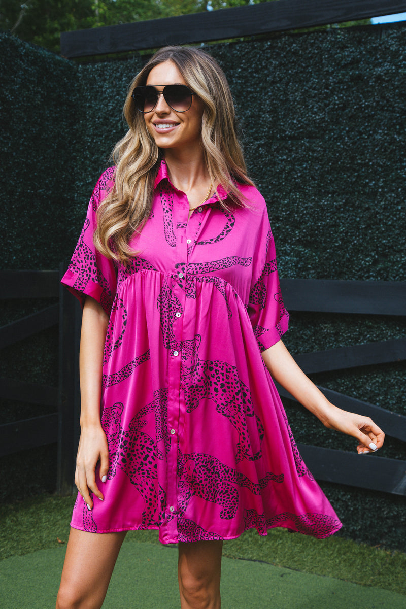 Jada Leopard Satin Dress, Hot Pink | Extended Sizes